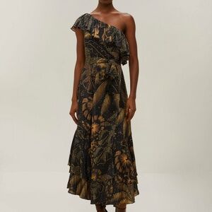 Black Golden Foliage One-Shoulder Maxi Dress